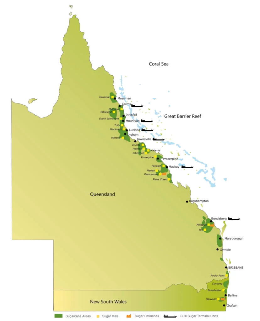 A map of Queensland, Australia, with locations of sugar cane growing regions pinned along the coastline.